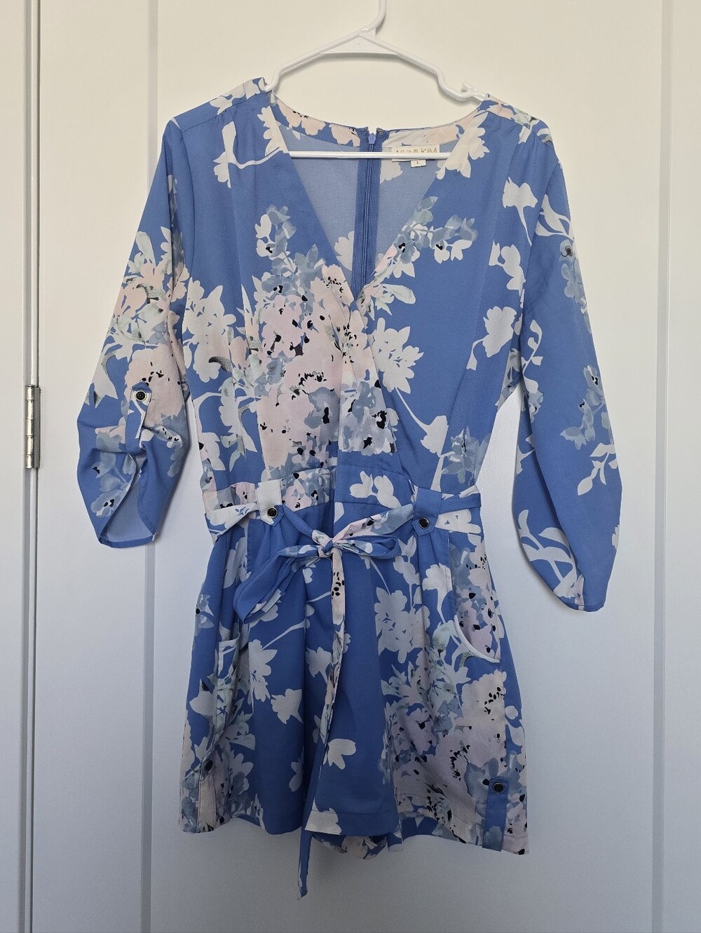 Yumi Kim Blue Floral Wrap Romper with Belt Msrp $238